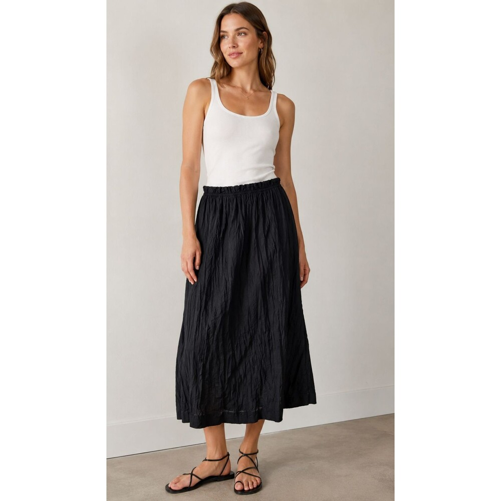 J.Crew MEDIUM Black Crinkle Midi Skirt Casual or Career Minimalist Elastic Waist